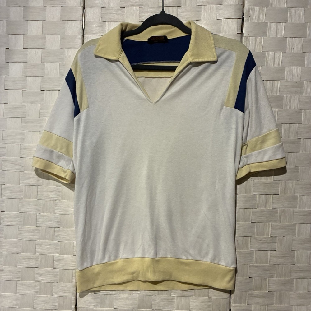 Vintage Kingsport Men Large White Yellow Blue Colorblock V-Neck Polo 70s 80s